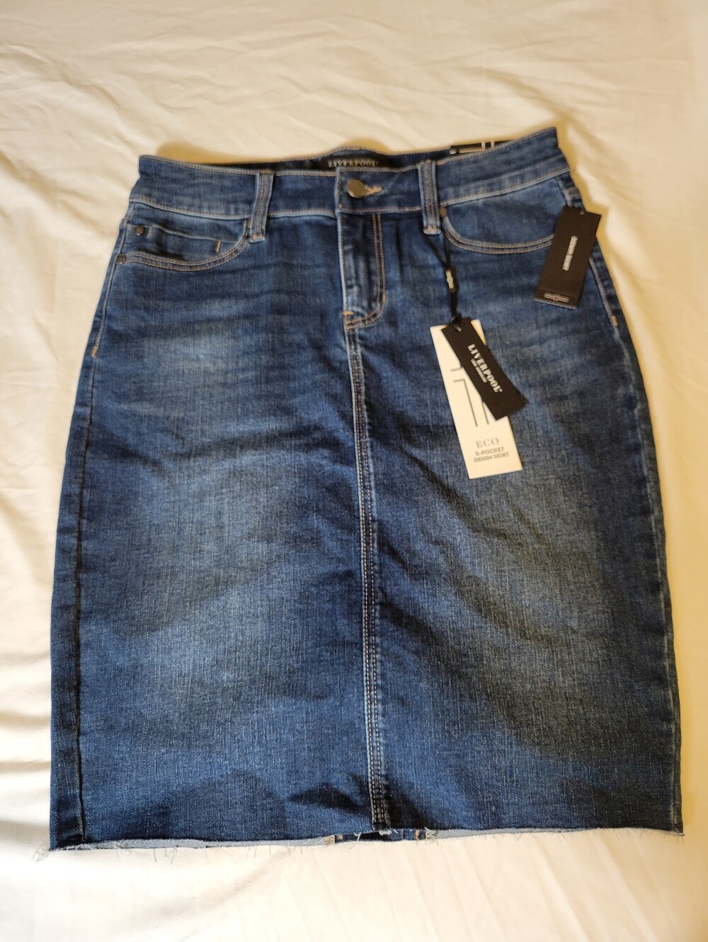 Liverpool Los Angeles ECO 5-Pocket Raw Hem Denim Pencil Skirt Size 2/26 NWT